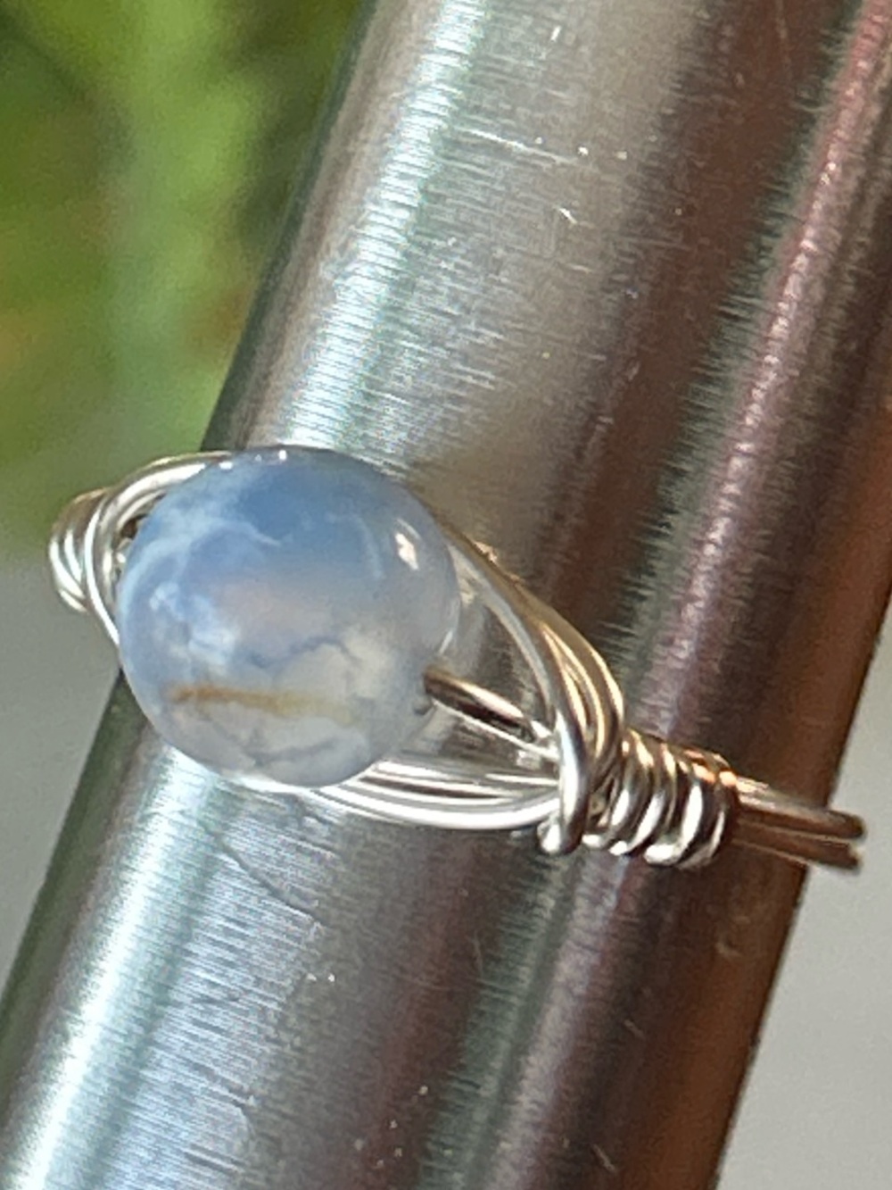 Handcrafted silver tone blue agate wire wrapped crystal ring size 9